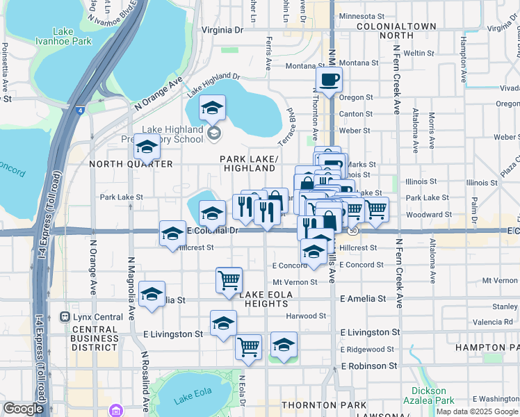 map of restaurants, bars, coffee shops, grocery stores, and more near 649 Woodward Street in Orlando