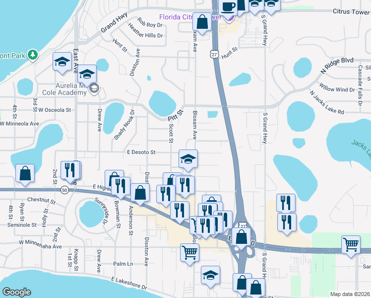 map of restaurants, bars, coffee shops, grocery stores, and more near 670 Bloxam Avenue in Clermont