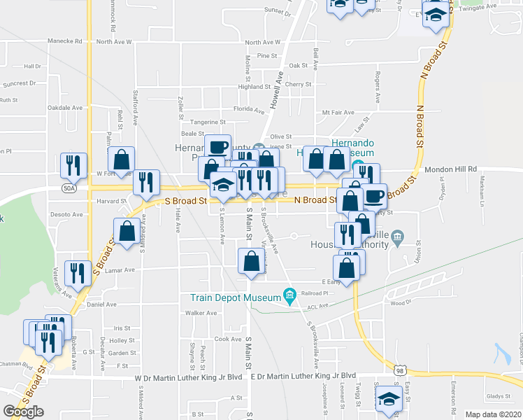 map of restaurants, bars, coffee shops, grocery stores, and more near 0 South Brooksville Avenue in Brooksville