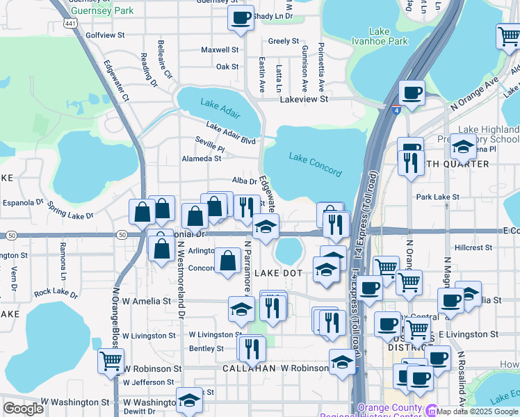 map of restaurants, bars, coffee shops, grocery stores, and more near 731 Putnam Avenue in Orlando