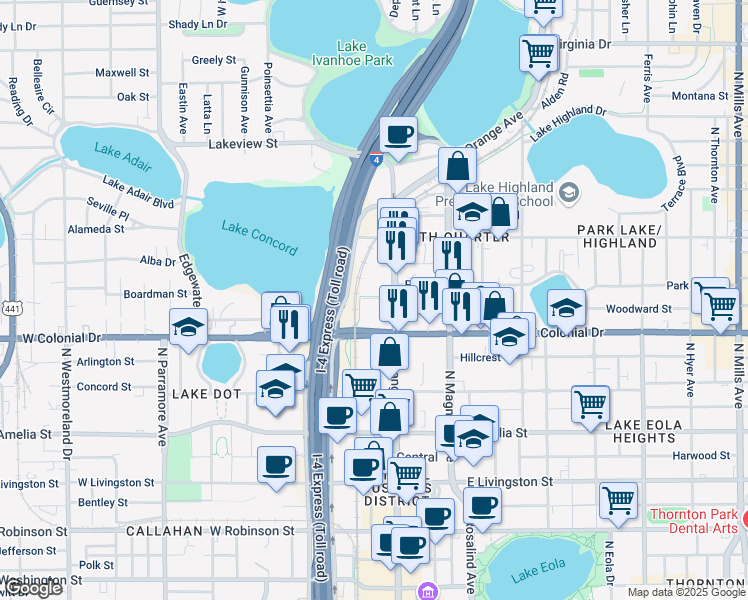 map of restaurants, bars, coffee shops, grocery stores, and more near 750 North Orange Avenue in Orlando