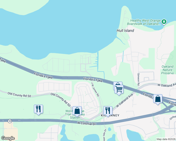map of restaurants, bars, coffee shops, grocery stores, and more near 600 J W Jones Road in Winter Garden