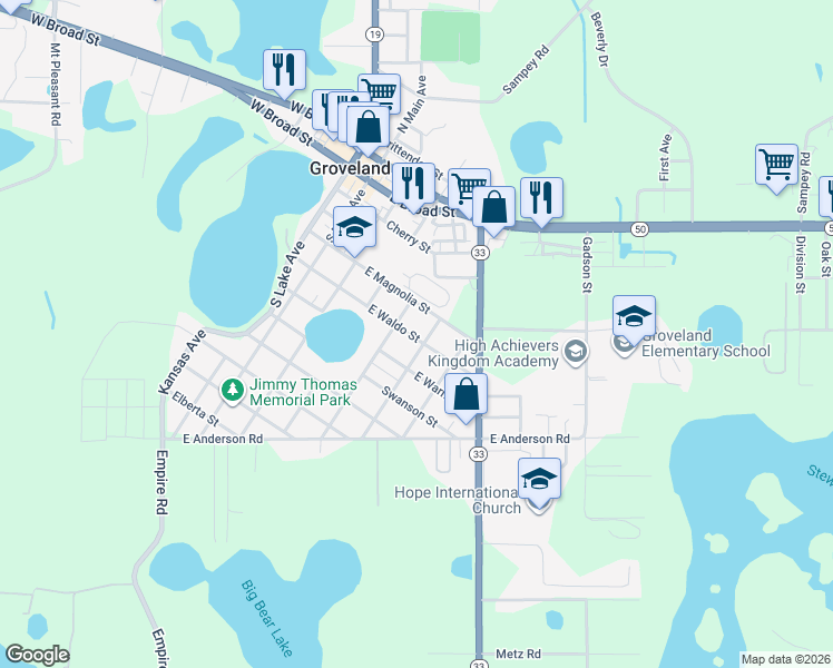 map of restaurants, bars, coffee shops, grocery stores, and more near 455 East Waldo Street in Groveland