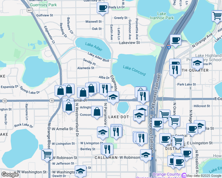 map of restaurants, bars, coffee shops, grocery stores, and more near 731 Putnam Avenue in Orlando