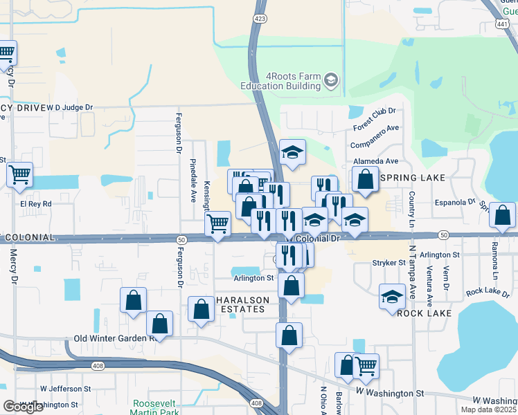 map of restaurants, bars, coffee shops, grocery stores, and more near 3201 West Colonial Drive in Orlando