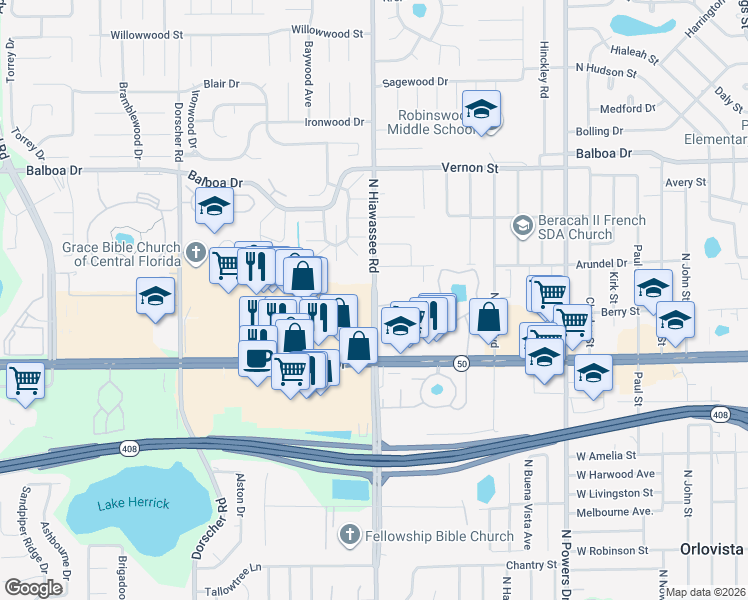 map of restaurants, bars, coffee shops, grocery stores, and more near 201 North Hiawassee Road in Pine Hills