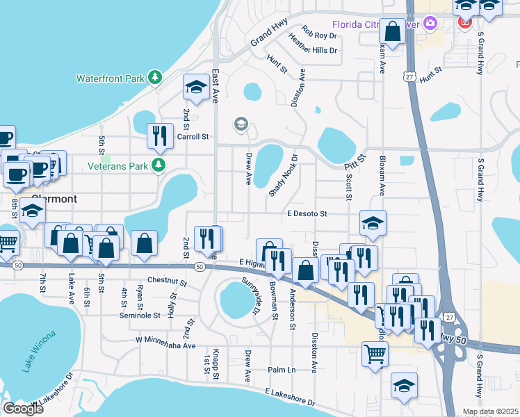 map of restaurants, bars, coffee shops, grocery stores, and more near 739 Shady Nook Drive in Clermont