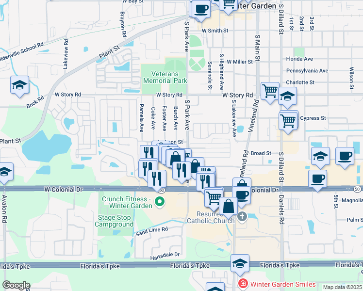 map of restaurants, bars, coffee shops, grocery stores, and more near 360 Eron Way in Winter Garden