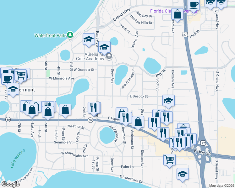 map of restaurants, bars, coffee shops, grocery stores, and more near 739 Shady Nook Drive in Clermont