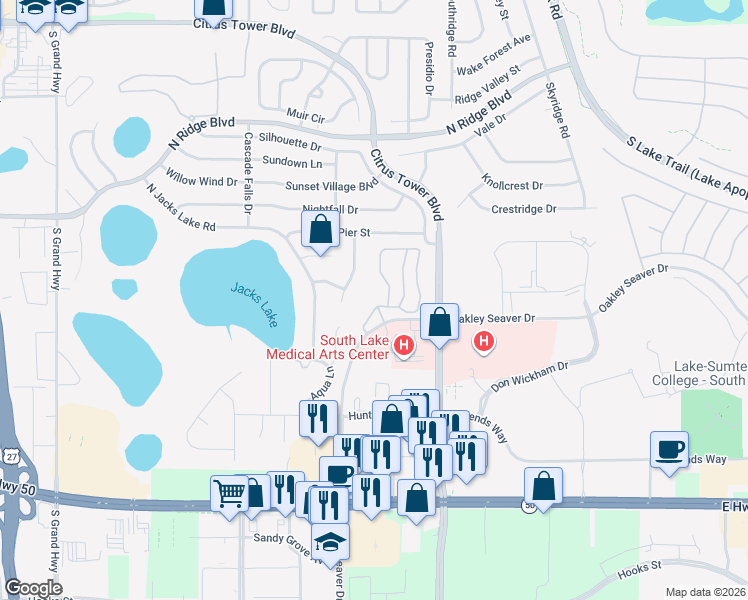 map of restaurants, bars, coffee shops, grocery stores, and more near 600 River Birch Court in Clermont