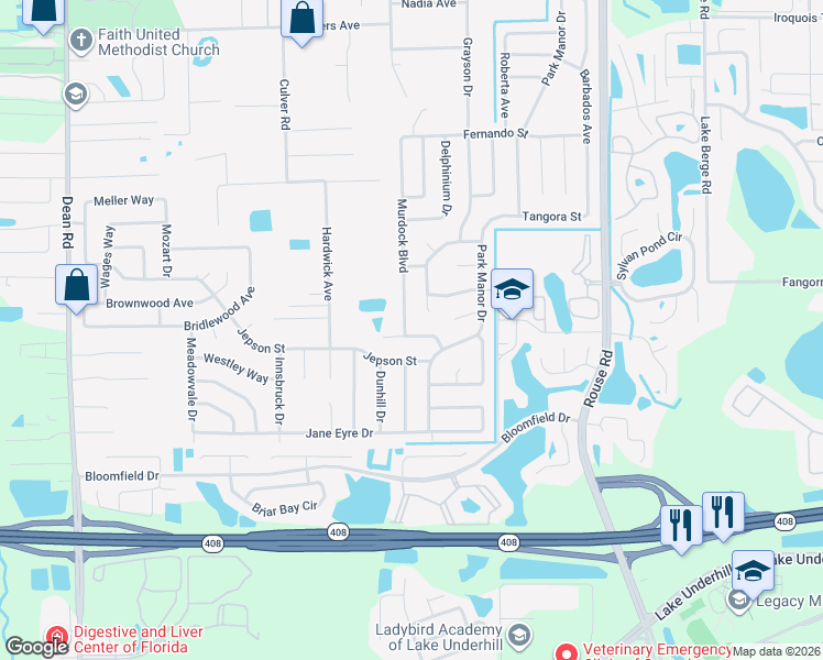 map of restaurants, bars, coffee shops, grocery stores, and more near 10613 Jonathan Drive in Orlando