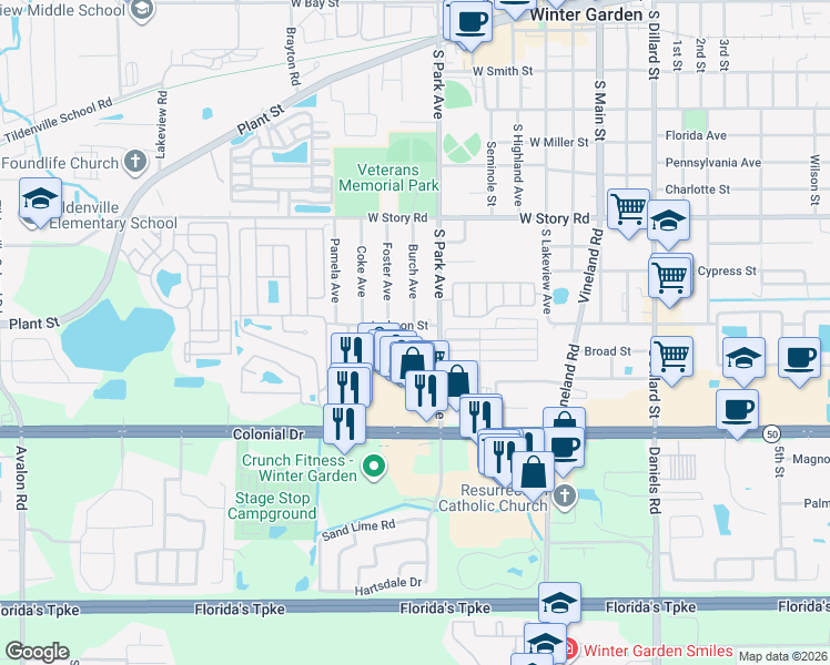 map of restaurants, bars, coffee shops, grocery stores, and more near 373 Eron Way in Winter Garden