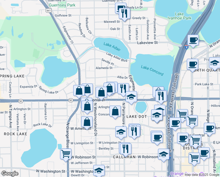 map of restaurants, bars, coffee shops, grocery stores, and more near 742 Hayden Lane in Orlando