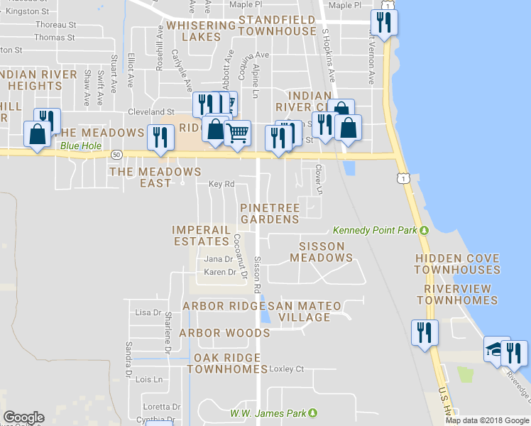 map of restaurants, bars, coffee shops, grocery stores, and more near 4843 Sisson Road in Titusville