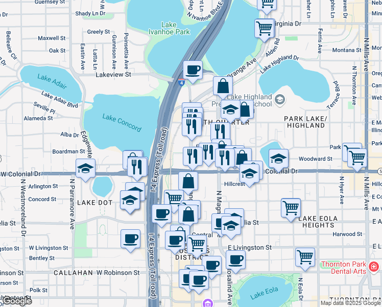 map of restaurants, bars, coffee shops, grocery stores, and more near 750 North Orange Avenue in Orlando