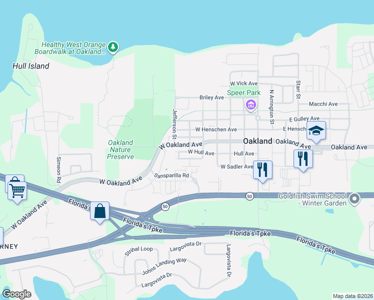 map of restaurants, bars, coffee shops, grocery stores, and more near 511 West Hull Avenue in Oakland