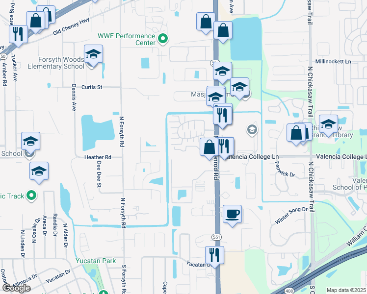 map of restaurants, bars, coffee shops, grocery stores, and more near 7325 Goldenpointe Boulevard in Orlando