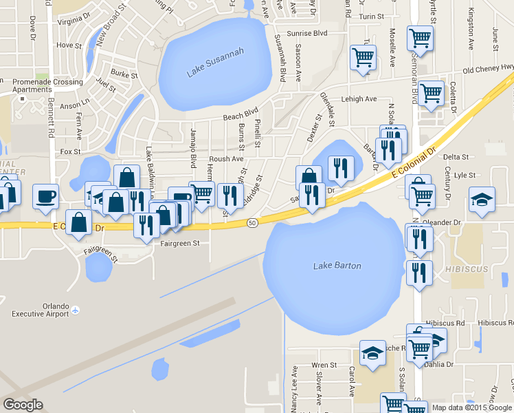 map of restaurants, bars, coffee shops, grocery stores, and more near 5167 East Colonial Drive in Orlando