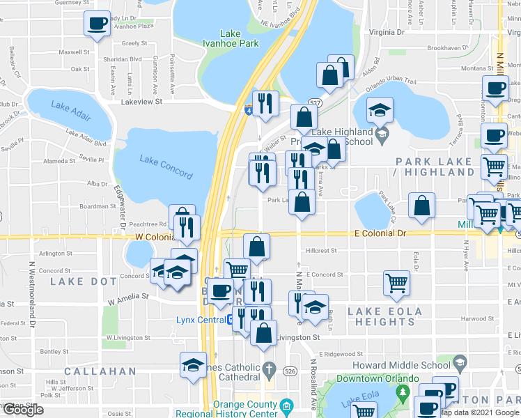 map of restaurants, bars, coffee shops, grocery stores, and more near 750 North Orange Avenue in Orlando