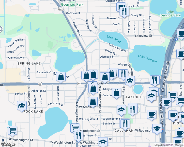 map of restaurants, bars, coffee shops, grocery stores, and more near 729 Ellwood Avenue in Orlando
