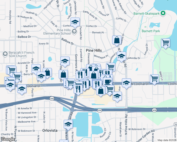 map of restaurants, bars, coffee shops, grocery stores, and more near 5451 Alhambra Drive in Orlando