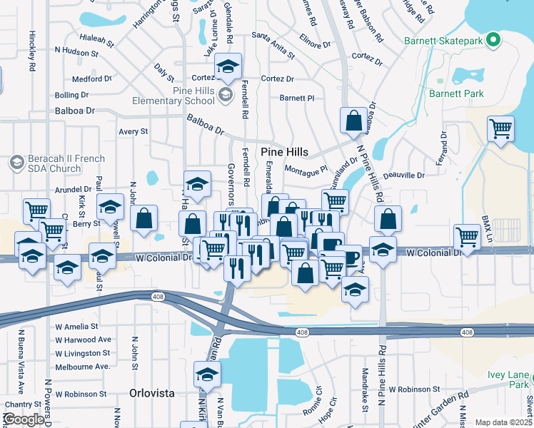 map of restaurants, bars, coffee shops, grocery stores, and more near 5451 Alhambra Drive in Orlando