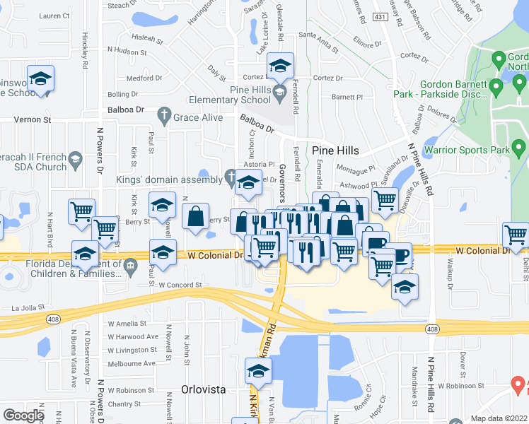 map of restaurants, bars, coffee shops, grocery stores, and more near 814 Borders Circle in Pine Hills