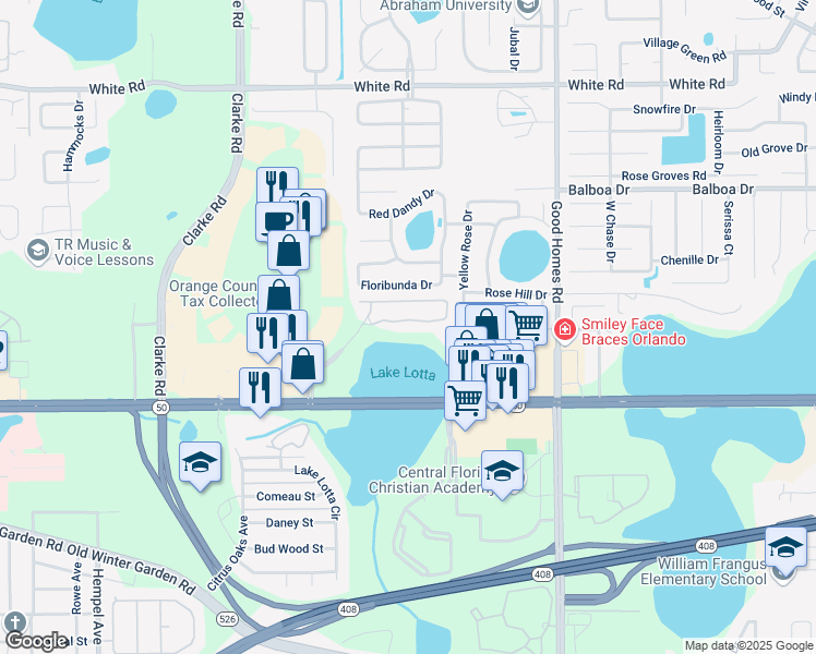 map of restaurants, bars, coffee shops, grocery stores, and more near 1960 Erving Circle in Ocoee