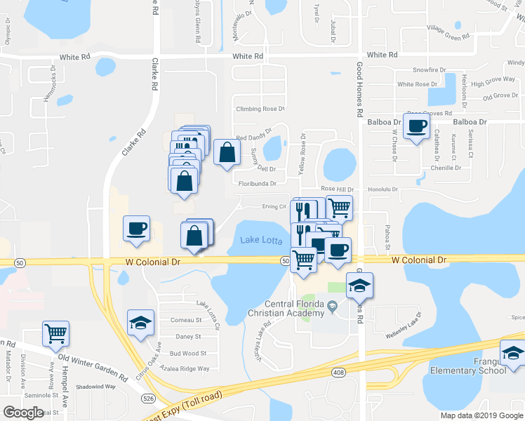 map of restaurants, bars, coffee shops, grocery stores, and more near 1985 Erving Circle in Ocoee