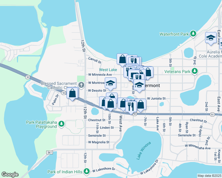 map of restaurants, bars, coffee shops, grocery stores, and more near 1025 West Desoto Street in Clermont