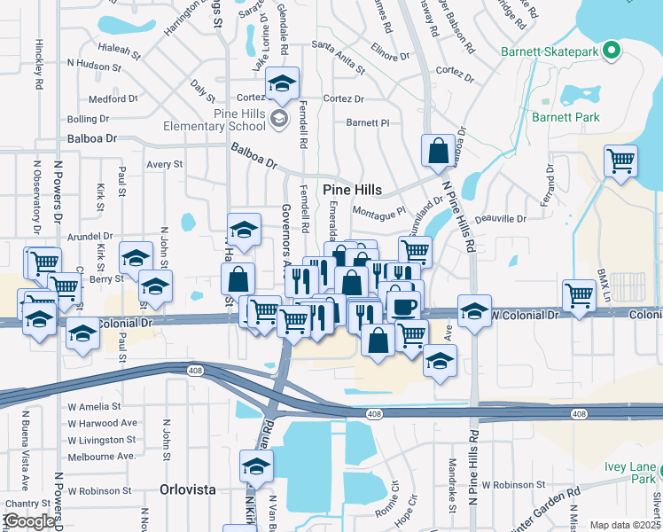 map of restaurants, bars, coffee shops, grocery stores, and more near 5451 Alhambra Drive in Orlando