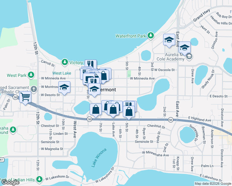 map of restaurants, bars, coffee shops, grocery stores, and more near 805 Lake Avenue in Clermont