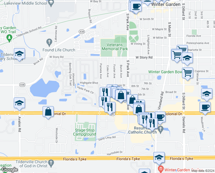 map of restaurants, bars, coffee shops, grocery stores, and more near 521 Westpoint Garden Circle in Winter Garden