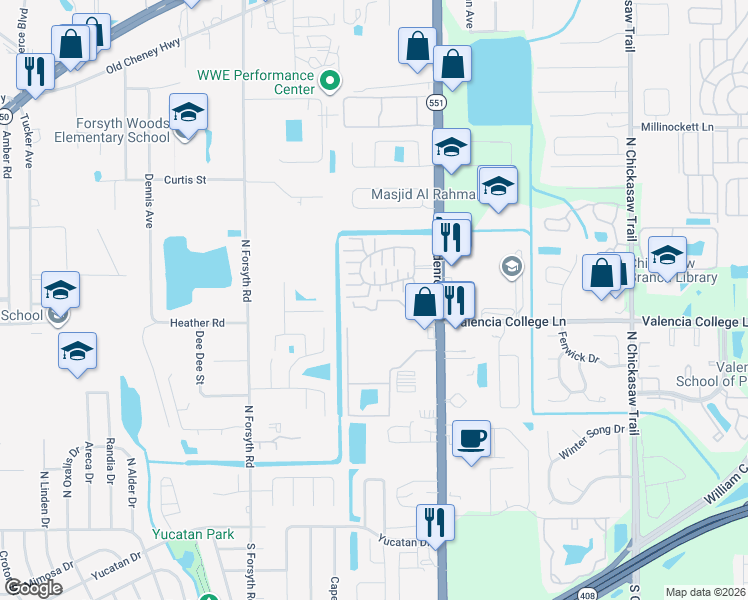 map of restaurants, bars, coffee shops, grocery stores, and more near 7414 Goldenpointe Boulevard in Azalea Park