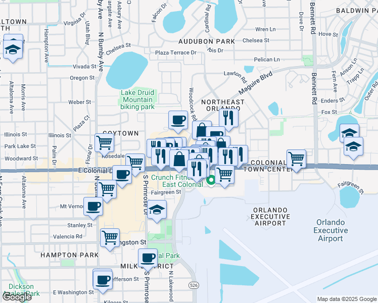 map of restaurants, bars, coffee shops, grocery stores, and more near 3201 East Colonial Drive in Orlando