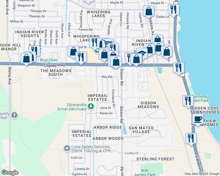 map of restaurants, bars, coffee shops, grocery stores, and more near 4825 Key Biscayne Drive in Titusville