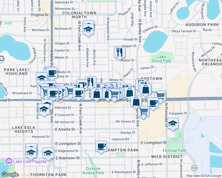 map of restaurants, bars, coffee shops, grocery stores, and more near 738 Palm Drive in Orlando