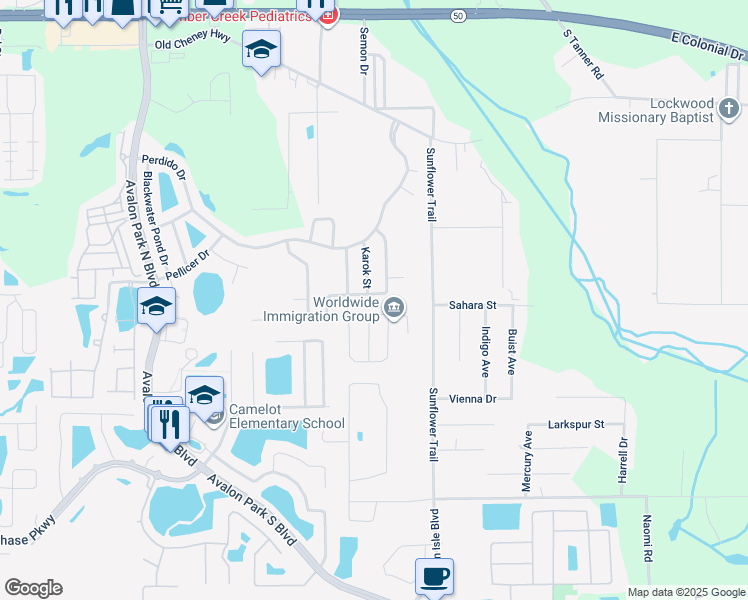 map of restaurants, bars, coffee shops, grocery stores, and more near 15538 Galbi Drive in Orlando