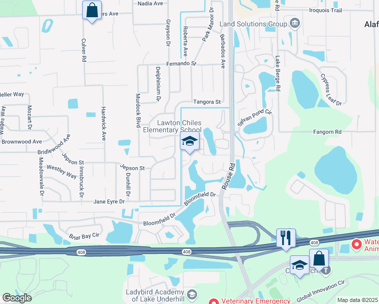 map of restaurants, bars, coffee shops, grocery stores, and more near 11001 Bloomfield Drive in Orlando
