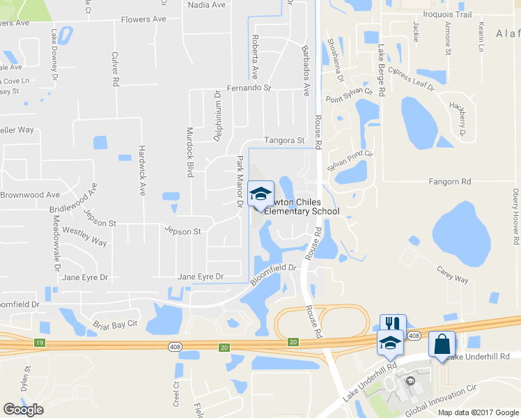 map of restaurants, bars, coffee shops, grocery stores, and more near 11001 Bloomfield Drive in Orlando