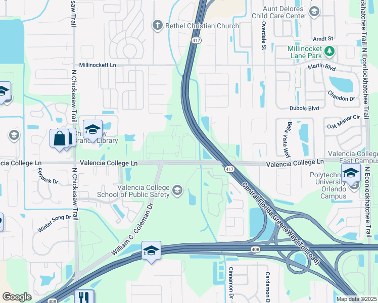 map of restaurants, bars, coffee shops, grocery stores, and more near 8751 Valencia College Lane in Orlando