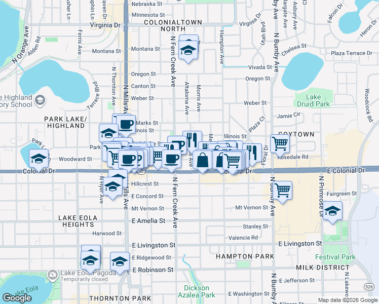 map of restaurants, bars, coffee shops, grocery stores, and more near 1814 Woodward Street in Orlando