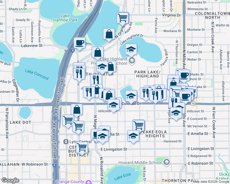 map of restaurants, bars, coffee shops, grocery stores, and more near 718 Highland Avenue in Orlando