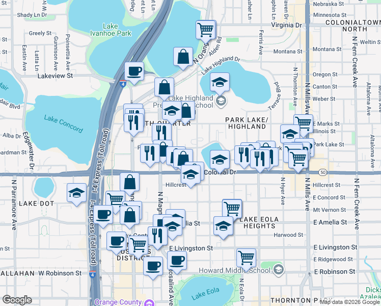 map of restaurants, bars, coffee shops, grocery stores, and more near 719 Irma Avenue in Orlando
