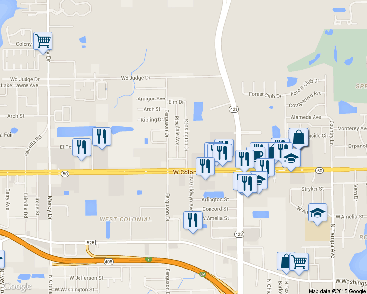 map of restaurants, bars, coffee shops, grocery stores, and more near 808 Kensington Drive in Orlando
