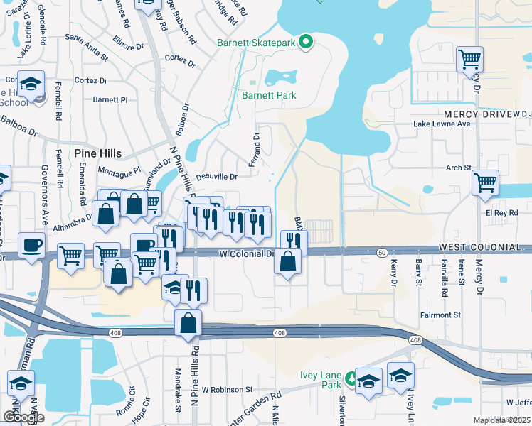 map of restaurants, bars, coffee shops, grocery stores, and more near 4821 La Grange Avenue in Orlando
