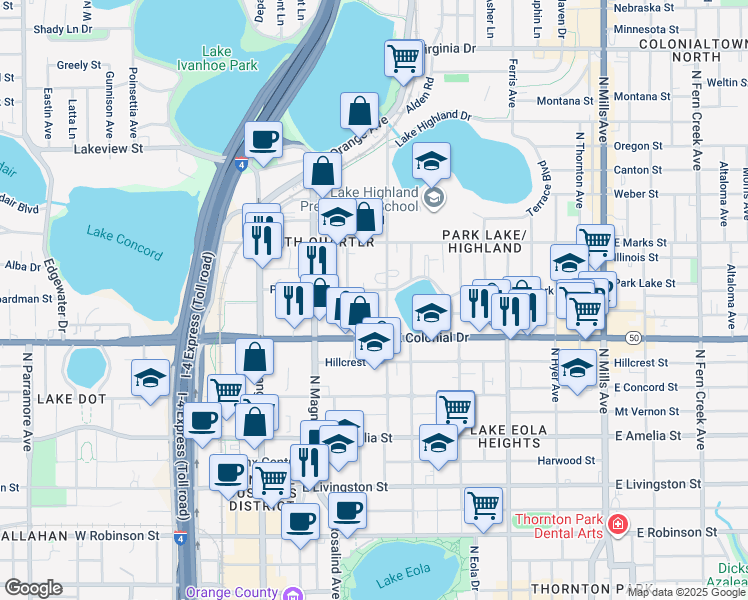 map of restaurants, bars, coffee shops, grocery stores, and more near 719 Irma Avenue in Orlando