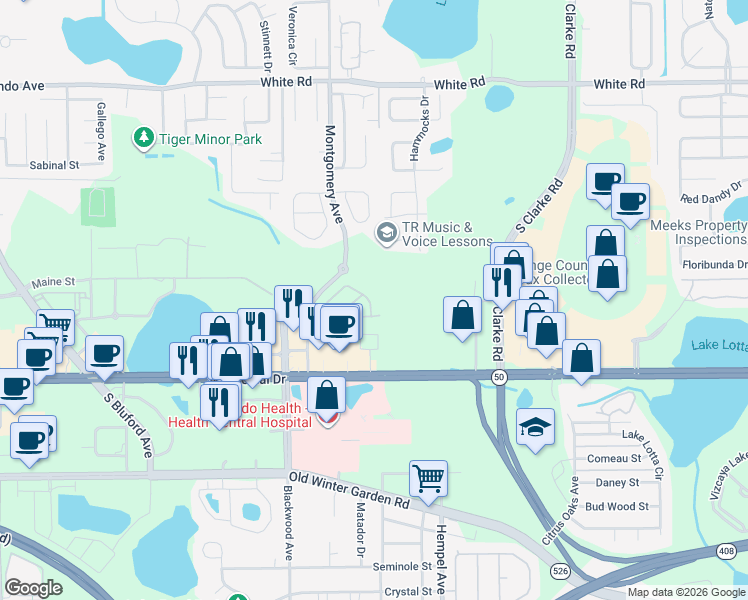 map of restaurants, bars, coffee shops, grocery stores, and more near 1068 Wickerwood Street in Ocoee