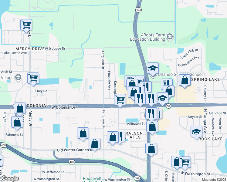map of restaurants, bars, coffee shops, grocery stores, and more near 808 Kensington Drive in Orlando