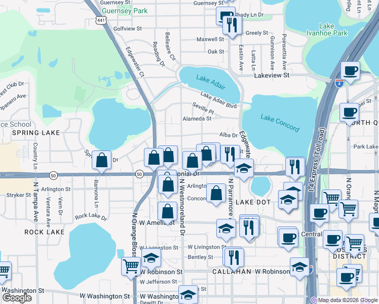 map of restaurants, bars, coffee shops, grocery stores, and more near 731 North Westmoreland Drive in Orlando